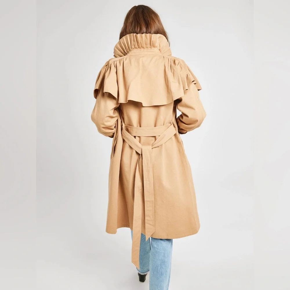 Women’s Camel Trench Coat with Ruffle Cape Detail - Picture 14 of 16